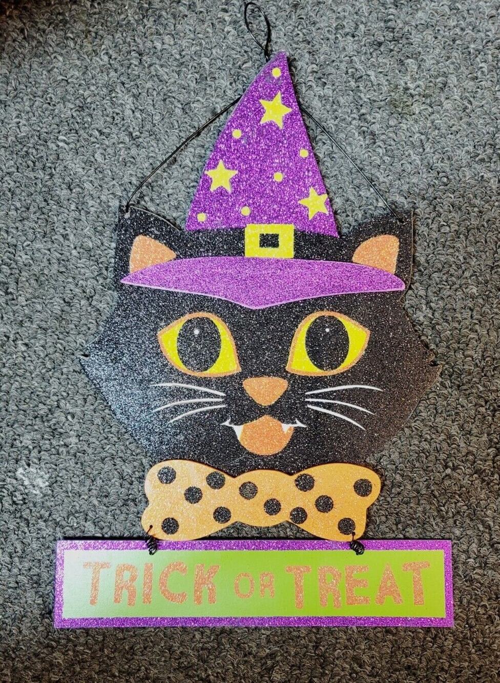 NEW Holiday Living Glitter Wood HALLOWEEN BLACK CAT Wall Hanging Door Sign 13.7"